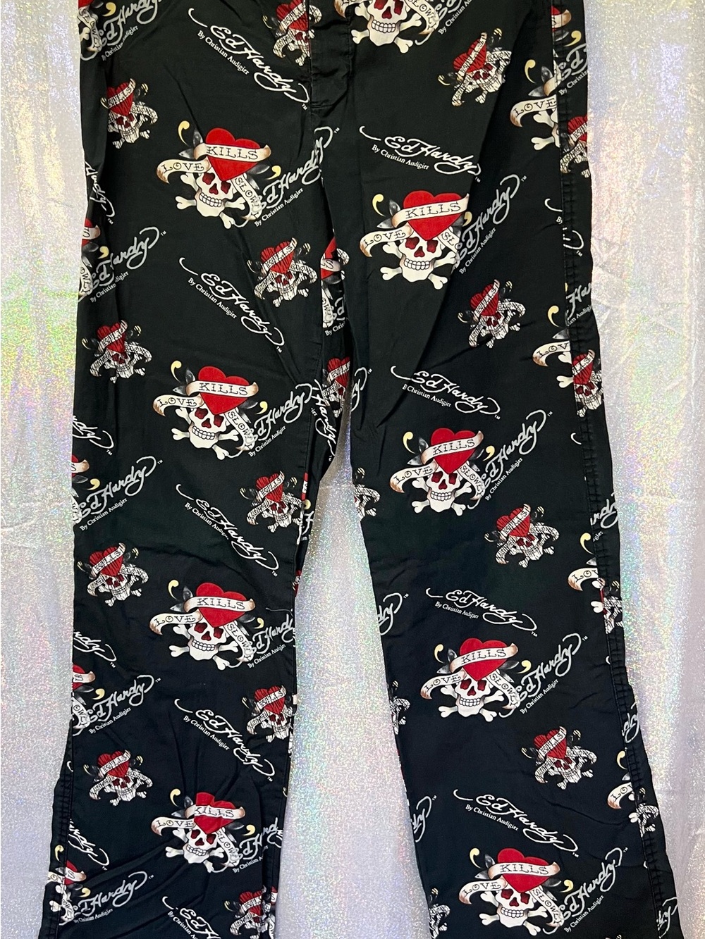 Ed Hardy Black Casual/Sleep Pants with Red & White Skull Heart Print